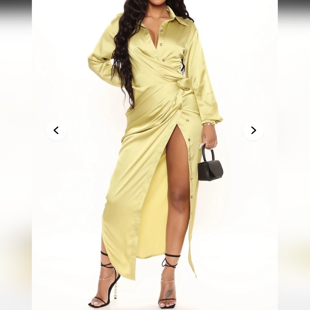Fashion Nova Satin Wrap Shirt Dress in Light Olive